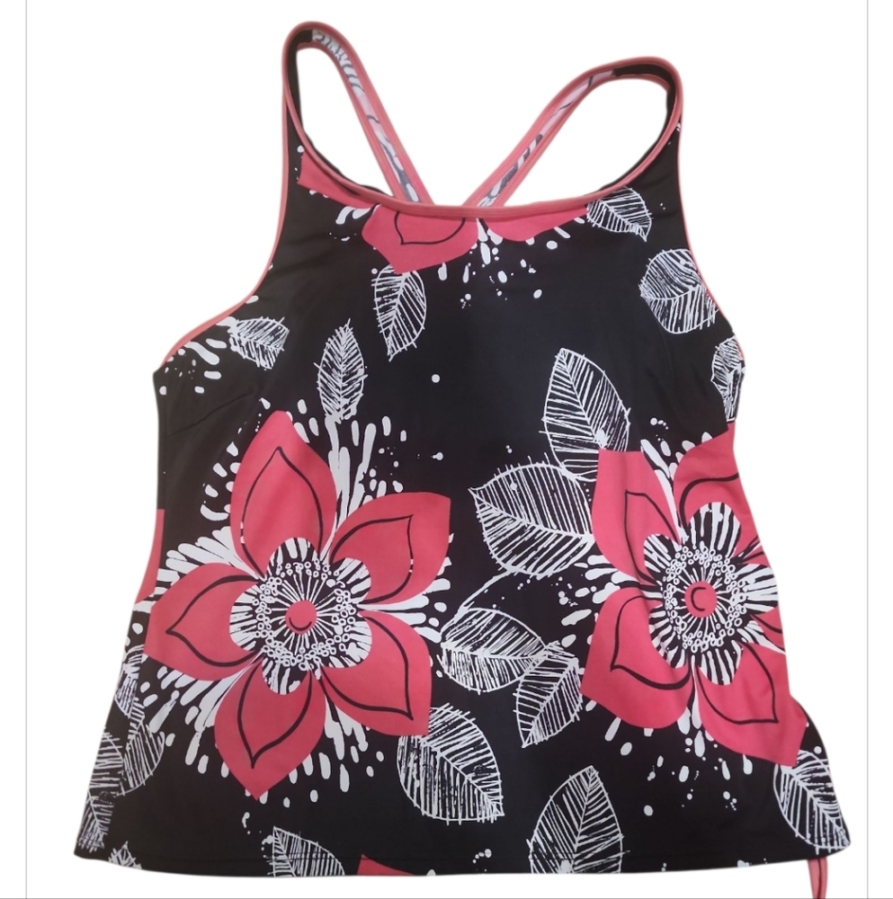 Tropical Escape Women’s Size 16 Tankini Swim Top Black White Pink Floral Cross